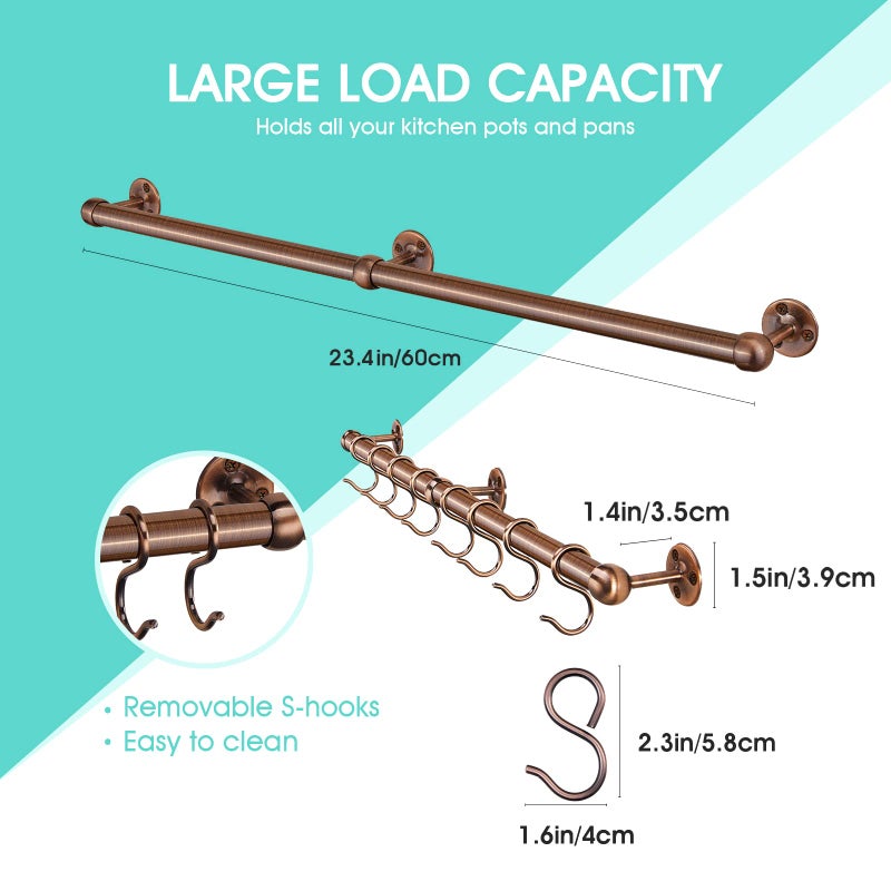 ROTHLEY Stainless Steel Pot and Pan Hanger: 23.7 Inch Wall Mounted Hanging Pots and Pans Rack with Hooks (Antique Copper) - Image 3