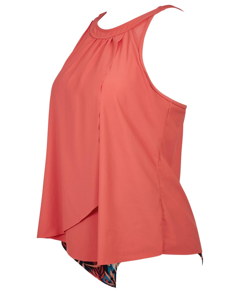 SUUKSESS Women Slimming Tummy Control Tankini Bathing Suits Ruffle High Waisted High Neck 2 Piece Swimsuits(Coral Pink Leaf,L) - Image 4