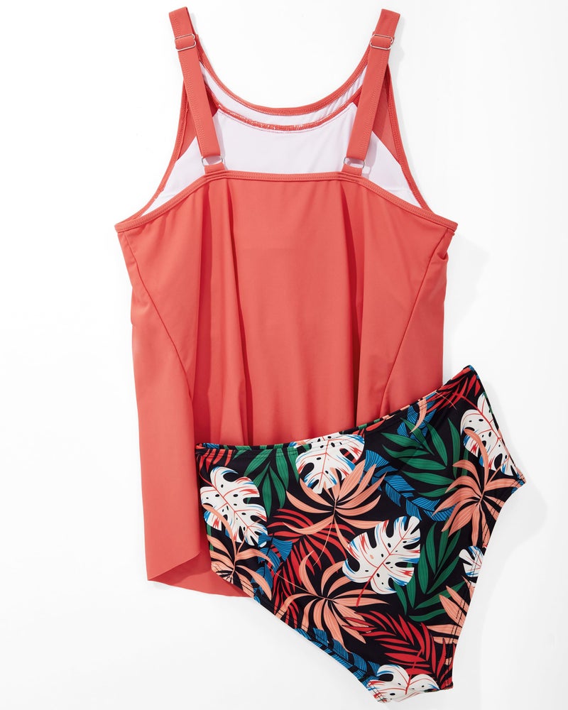 SUUKSESS Women Slimming Tummy Control Tankini Bathing Suits Ruffle High Waisted High Neck 2 Piece Swimsuits(Coral Pink Leaf,L) - Image 3