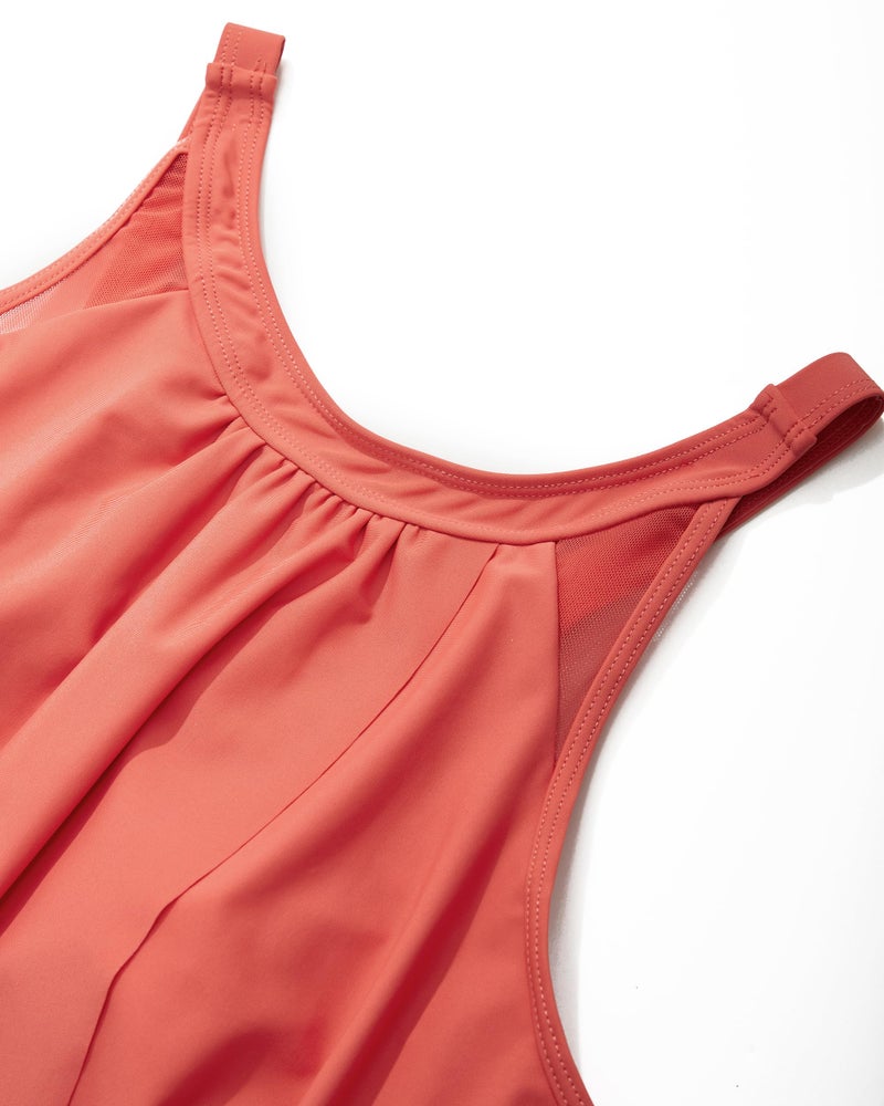 SUUKSESS Women Slimming Tummy Control Tankini Bathing Suits Ruffle High Waisted High Neck 2 Piece Swimsuits(Coral Pink Leaf,L) - Image 5