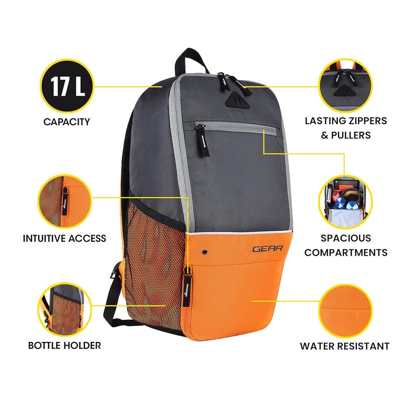 Gear Superior Xl 17L Water Resistant School Bag/Casual Standard 4 Compartment Backpack/College Bag For Men/Women (Grey-Orange) - Image 2