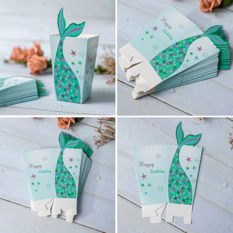 Lamantery 24Pcs Mermaid Popcorn Box Snack Treat Paper Box Mermaid Birthday Party Supplies Cardboard Candy Cookie Container For Wedding Ocean Theme Party Favors Decoration - Image 5