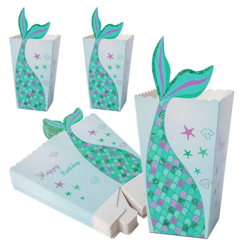 Lamantery 24Pcs Mermaid Popcorn Box Snack Treat Paper Box Mermaid Birthday Party Supplies Cardboard Candy Cookie Container For Wedding Ocean Theme Party Favors Decoration - Image 1