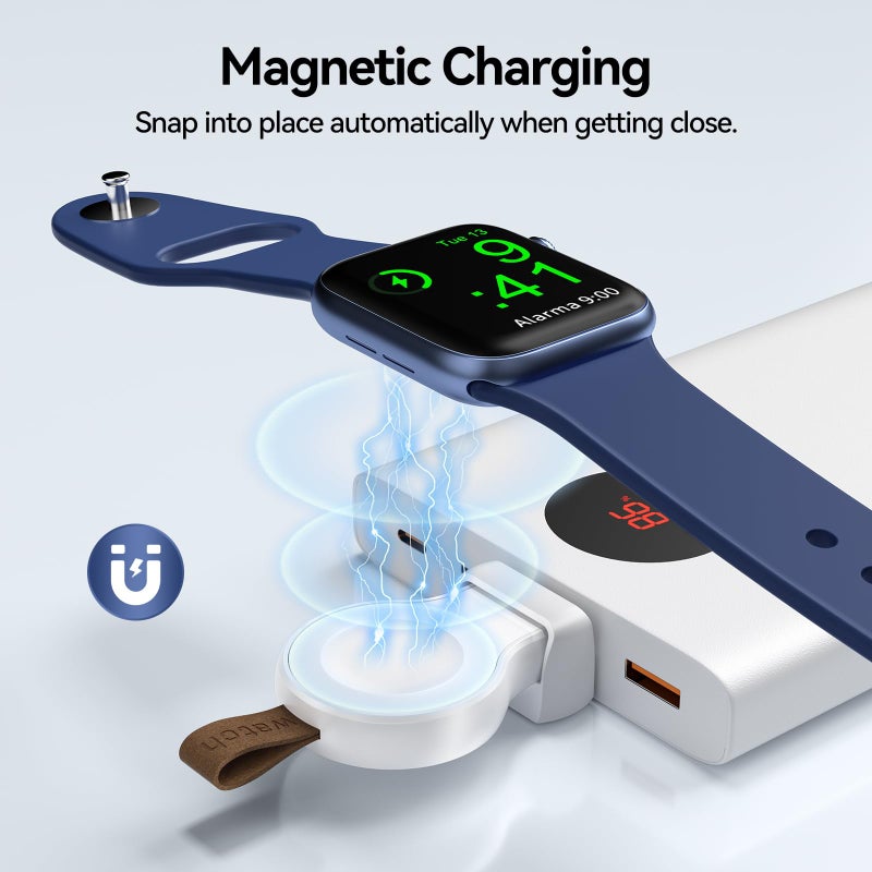 NEWDERY Charger for Apple Watch Travel iWatch USB Wireless Charge, Portable Cordless Charger with Light Weight Magnetic Quick Charge for Apple Watch Ultra2/1 Series11 10 9 8 7 6 5 4 3 2 1 SE, White - Image 3