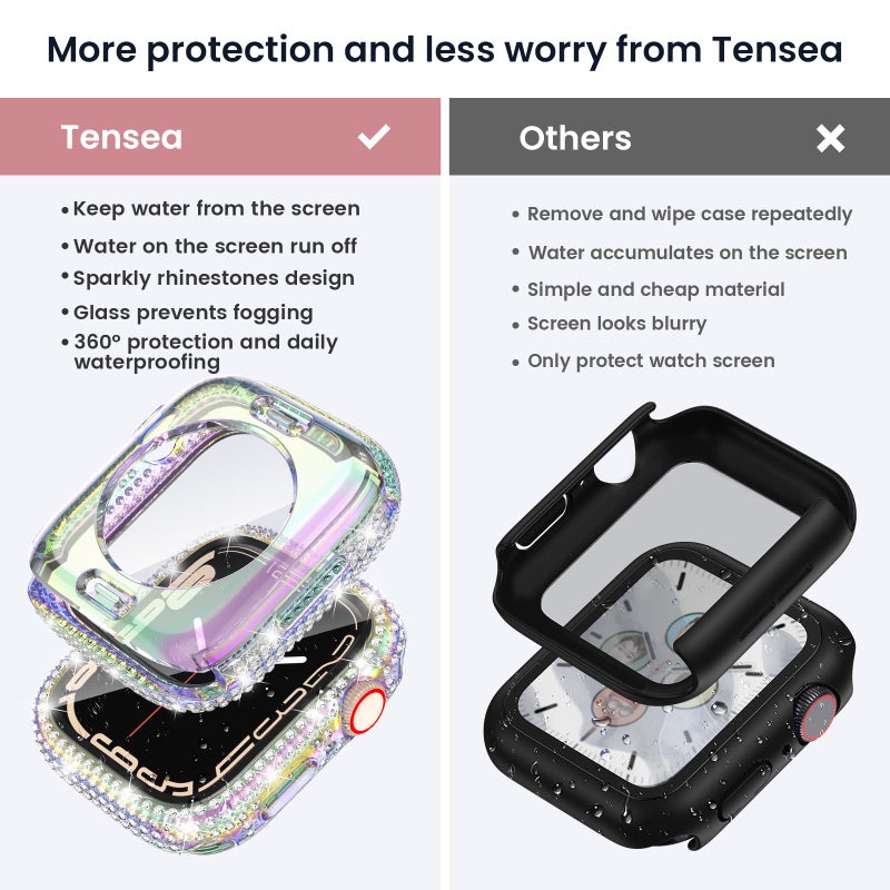 Tensea [2 in 1 for Waterproof Apple Watch Screen Protector Case Series 9 8 7 41mm Accessories, iWatch Hard Diamond Front and Back Bumper Case with Tempered Glass Film, Bling Face Cover Women, 41 mm - Image 2