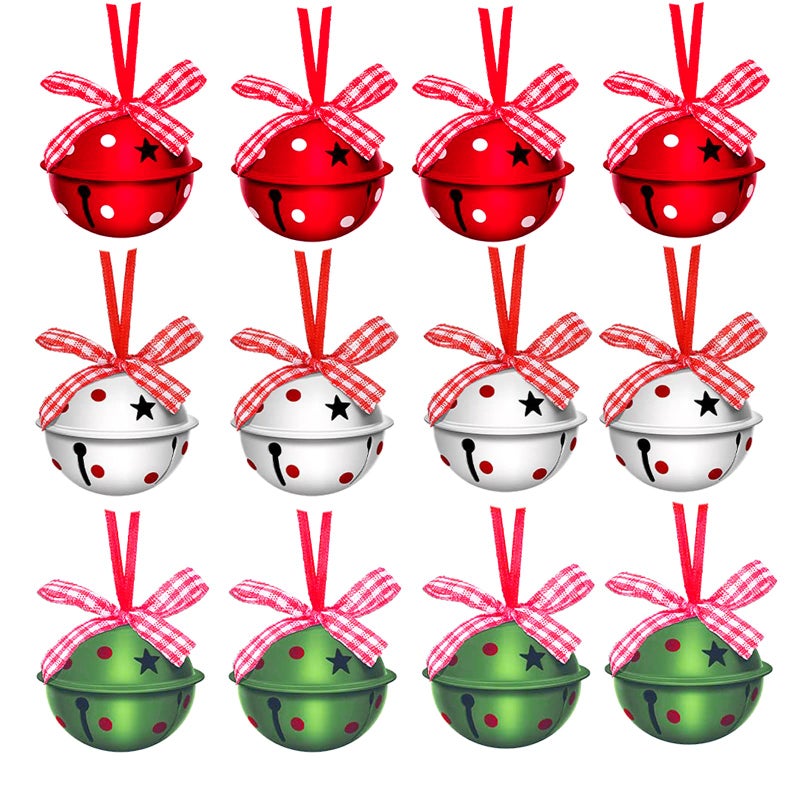Christmas Jingle Bells 2 Star Cutouts Metal Decorative Bells with Ribbons for Xmas Tree Ornaments Wreath Festival Crafts Home Decorations 12 Pcs