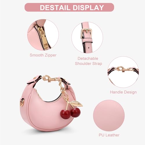 JQWSVE Small Top Handle Bags for Women Mini Purses Cute Ladies Handbags Crescent Mini Crossbody Bags with Cherry (A03 Pink) - Image 4