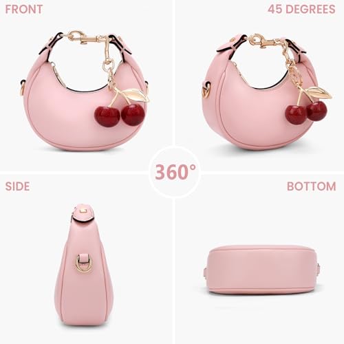 JQWSVE Small Top Handle Bags for Women Mini Purses Cute Ladies Handbags Crescent Mini Crossbody Bags with Cherry (A03 Pink) - Image 3
