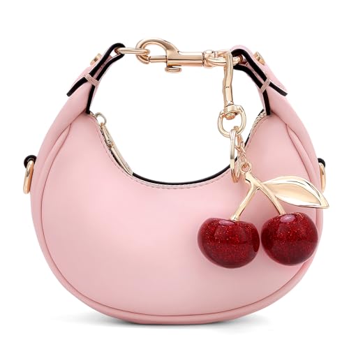 JQWSVE Small Top Handle Bags for Women Mini Purses Cute Ladies Handbags Crescent Mini Crossbody Bags with Cherry (A03 Pink) - Image 1