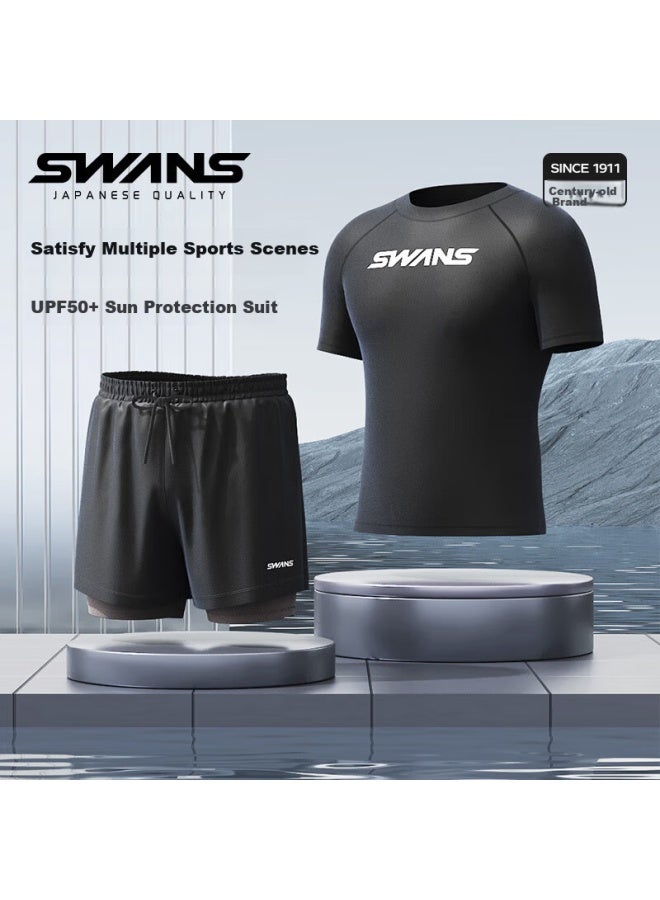 Speed Vision Suanshi Swans Men's Short-sleeve Swimwear, Sports Fitness Quick-dry Swimsuit, Large Size Diving Surfing Clothing Set, Gray XL - Image 1