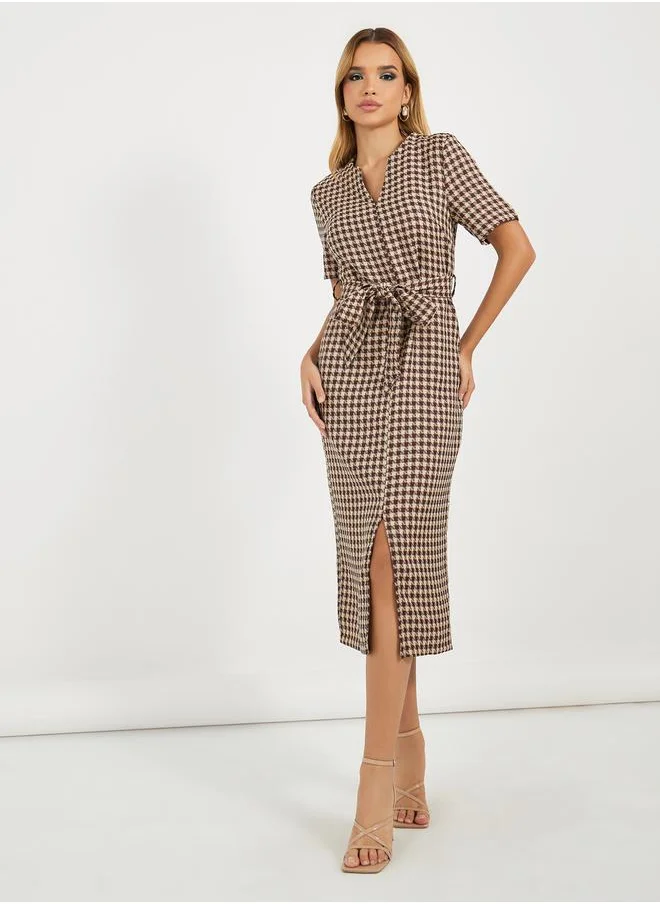 Styli Tweed Checked Sheath Midi Dress with Slit Hem
