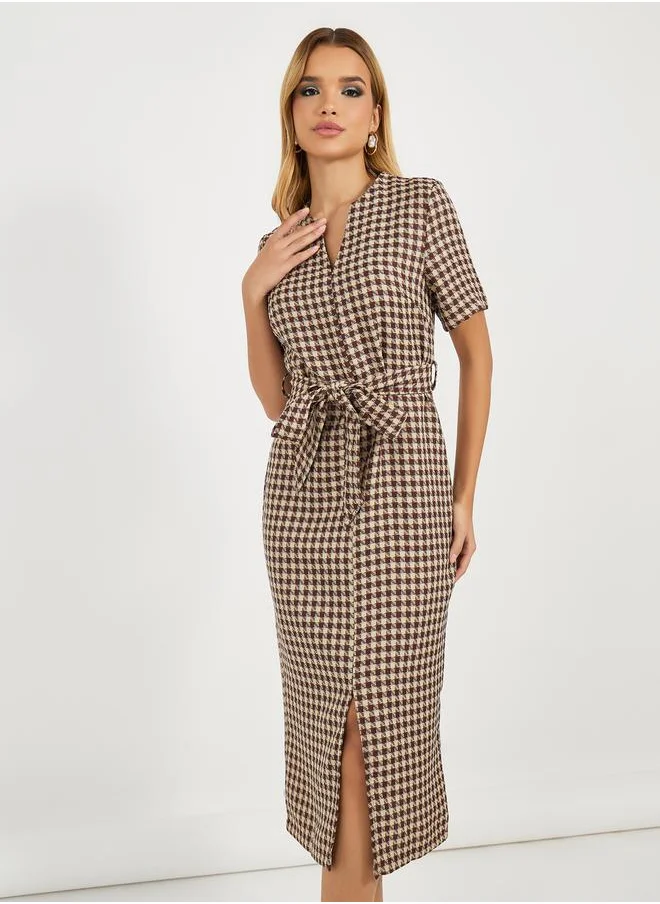 Styli Tweed Checked Sheath Midi Dress with Slit Hem