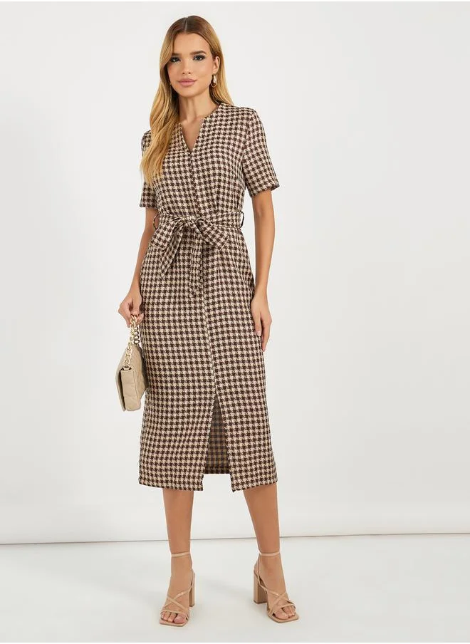 Styli Tweed Checked Sheath Midi Dress with Slit Hem