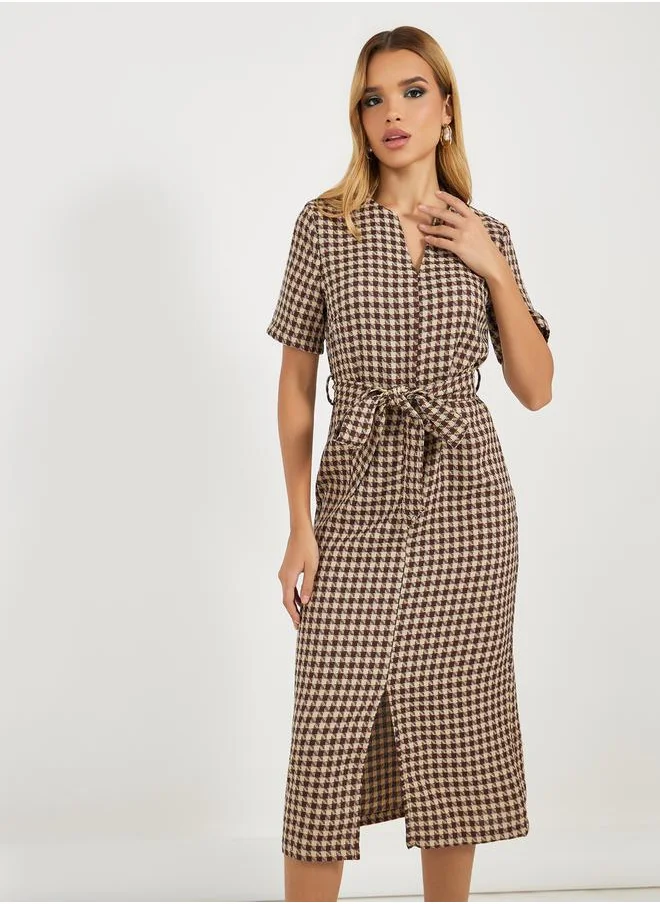 Styli Tweed Checked Sheath Midi Dress with Slit Hem
