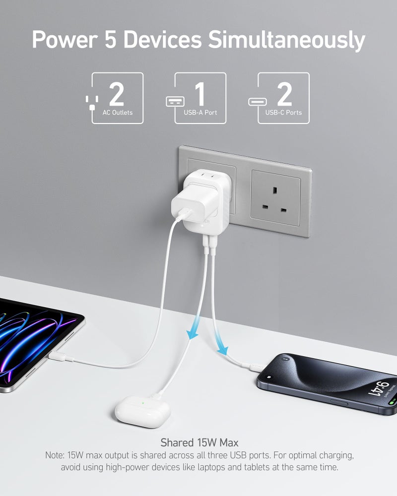 Anker Travel Adapter, Type G Adapter for Travel, US to UK Plug Adapter International Travel Essentials, 2 AC, 1 USB A, 2 USB C for 15W, Compact for iPhone, iPad, England, Ireland, TUV Listed - Image 3