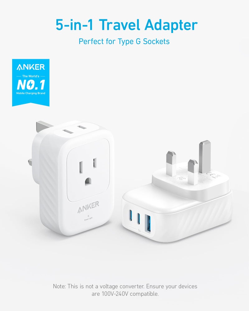 Anker Travel Adapter, Type G Adapter for Travel, US to UK Plug Adapter International Travel Essentials, 2 AC, 1 USB A, 2 USB C for 15W, Compact for iPhone, iPad, England, Ireland, TUV Listed - Image 2