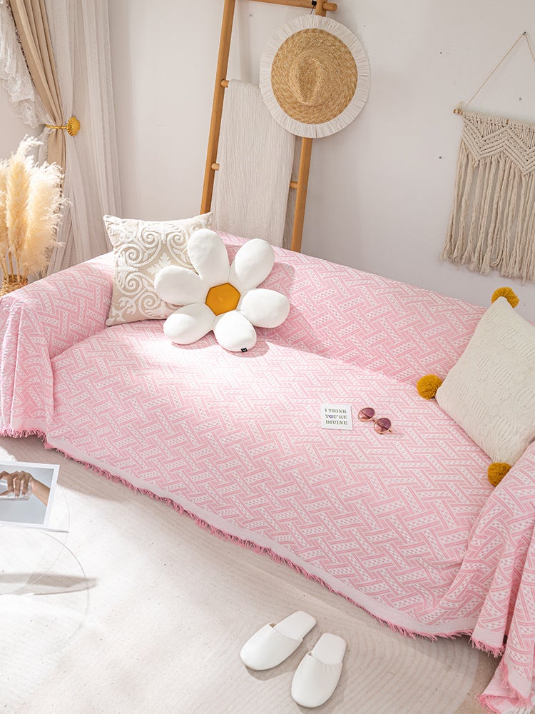 Knitted Universal Sofa Cover Nordic Ins Style T-grid-pink white [double-sided available | Three-year warranty]] 