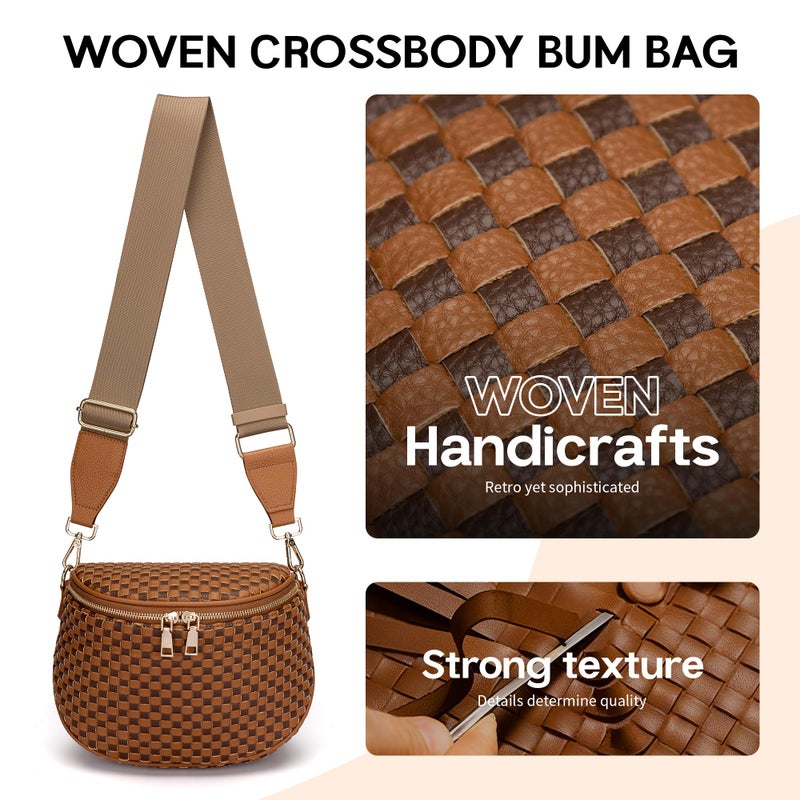 FODOKO Woven Crossbody Bag for Women weave Leather Bum Bags Checkered Purse with zipper - Image 3