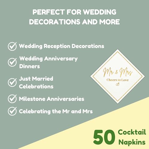Cloverjoyed Mr and Mrs Wedding Napkins, Elegant Gold Foil White Paper Cocktail Napkin, Disposable Decorations for Weddings, Receptions, Bridal Showers, Bar, 50 Pack - Image 5