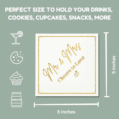 Cloverjoyed Mr and Mrs Wedding Napkins, Elegant Gold Foil White Paper Cocktail Napkin, Disposable Decorations for Weddings, Receptions, Bridal Showers, Bar, 50 Pack - Image 3