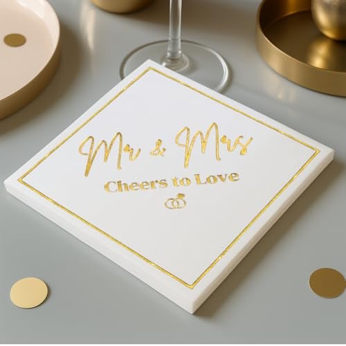 Cloverjoyed Mr and Mrs Wedding Napkins, Elegant Gold Foil White Paper Cocktail Napkin, Disposable Decorations for Weddings, Receptions, Bridal Showers, Bar, 50 Pack - Image 2