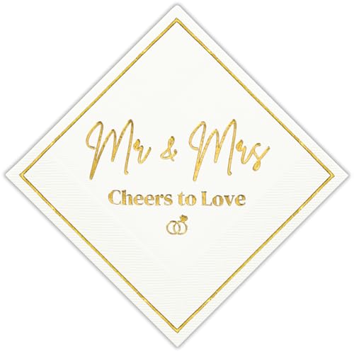 Cloverjoyed Mr and Mrs Wedding Napkins, Elegant Gold Foil White Paper Cocktail Napkin, Disposable Decorations for Weddings, Receptions, Bridal Showers, Bar, 50 Pack - Image 1