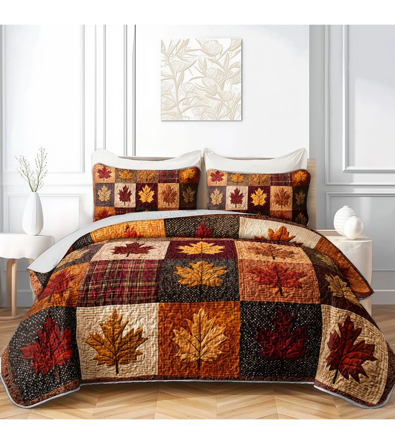 2 3 Pcs Autumn Maple Leaf Print Durable Quilted Bedspread Set Twin Size 68 11 X 90 16 Inches Multicolor For Home Dormitory High Definition Print Breathable Easy Care - Image 2