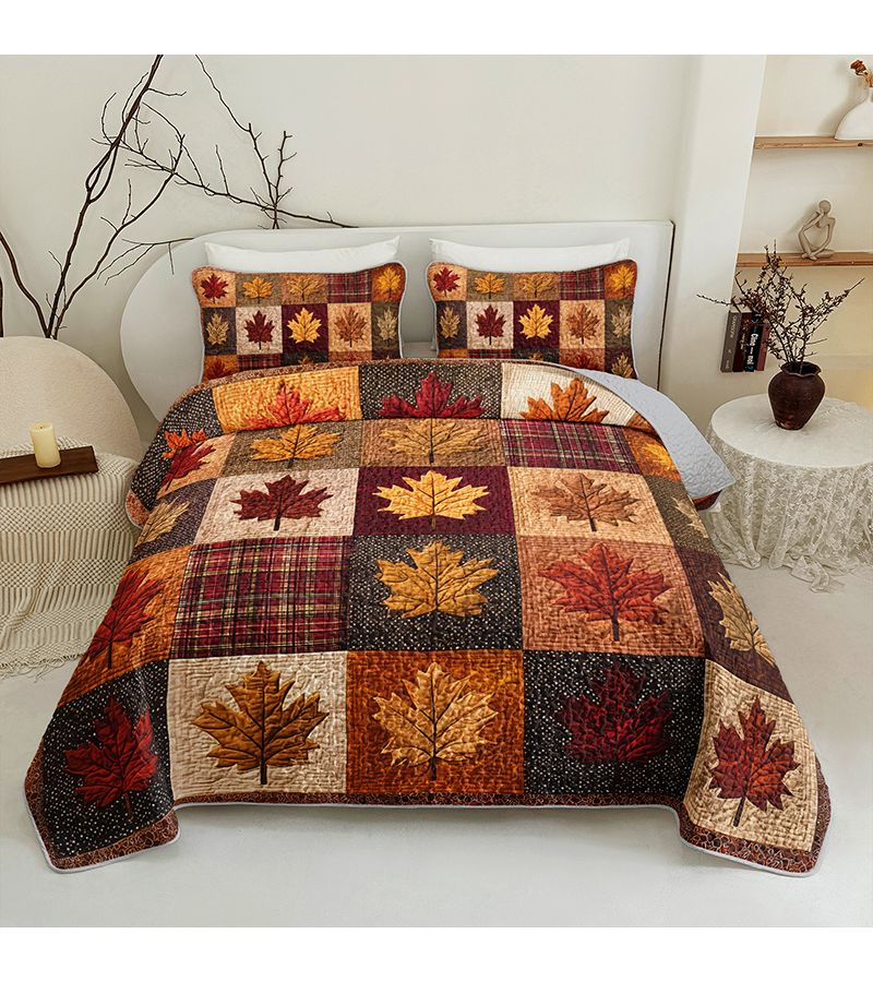 2 3 Pcs Autumn Maple Leaf Print Durable Quilted Bedspread Set Twin Size 68 11 X 90 16 Inches Multicolor For Home Dormitory High Definition Print Breathable Easy Care - Image 1