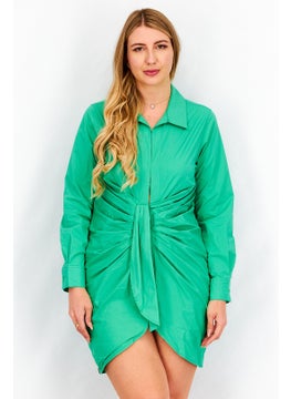 The Giving Movement Women Solid Long Sleeve Rouched Shirt Dress, Green  - Image 1