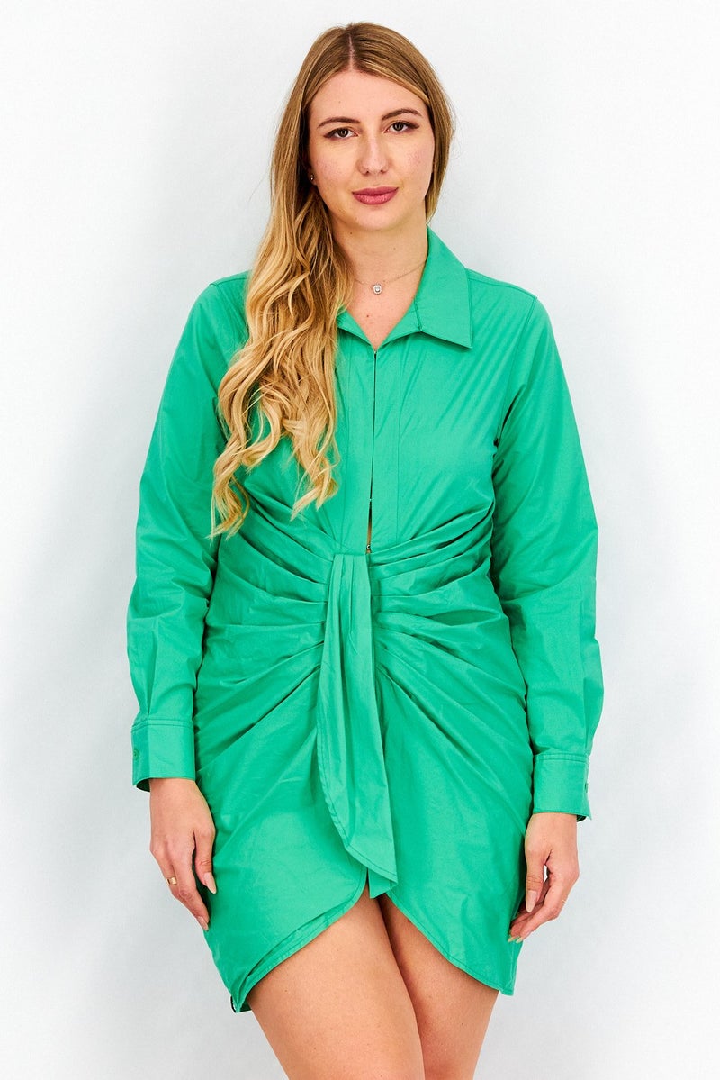 The Giving Movement Women Solid Long Sleeve Rouched Shirt Dress, Green - Image 1
