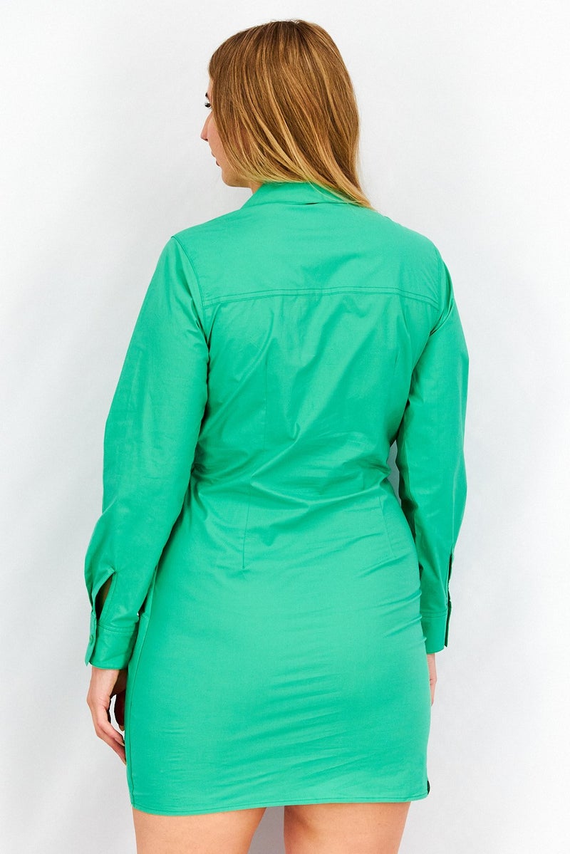 The Giving Movement Women Solid Long Sleeve Rouched Shirt Dress, Green - Image 3
