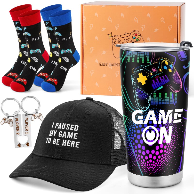 Jekeno Gamer Gaming Tumbler Gift Set for Kids Boys Teens Birthday Christmas Gamepad Gift Box for Men Dad Boyfriend Husband Brother Male Friends Video Game Lovers Mug Socks Hat Gift Basket Presents - Image 1