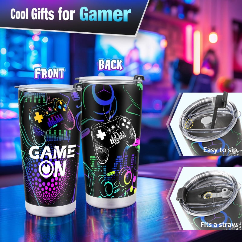 Jekeno Gamer Gaming Tumbler Gift Set for Kids Boys Teens Birthday Christmas Gamepad Gift Box for Men Dad Boyfriend Husband Brother Male Friends Video Game Lovers Mug Socks Hat Gift Basket Presents - Image 3