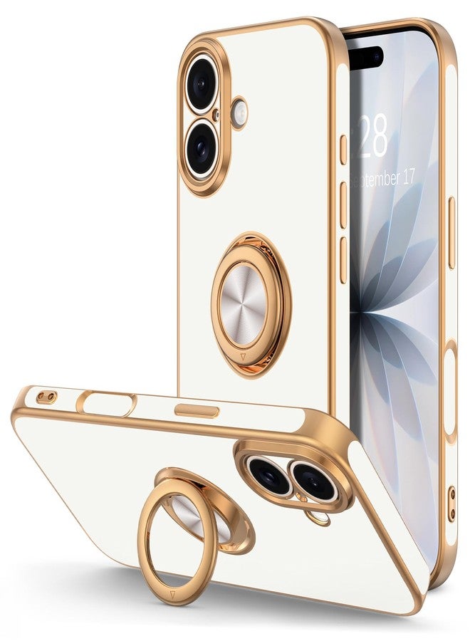 Hython for iPhone 17 Case with Ring Stand, 360° Rotatable Ring Holder Magnetic Kickstand, Plating Rose Gold Edge Soft Cover Protective Phone Case for iPhone 17 6.3", White - Image 1