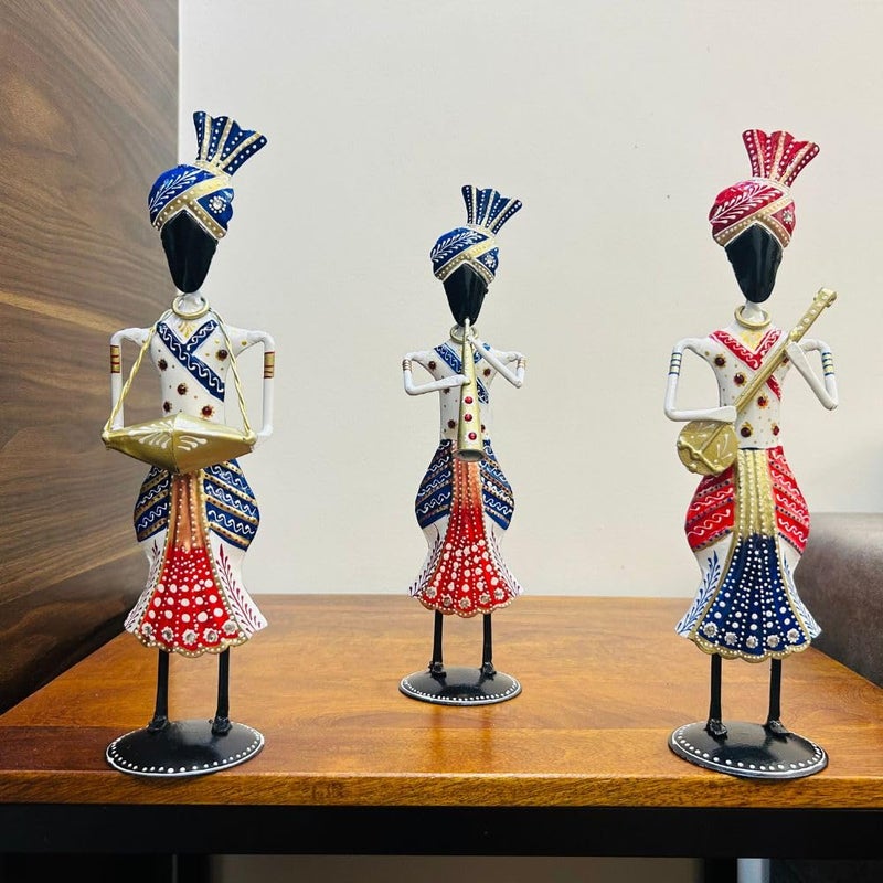 OVIK Set of 3 Metal Rajasthani Sardar Musicians Item showpiece Decorative Items for Home Gift Items Showpieces Home Decor Items Table Decorative Items Each Size 4x13 Inch - Image 2
