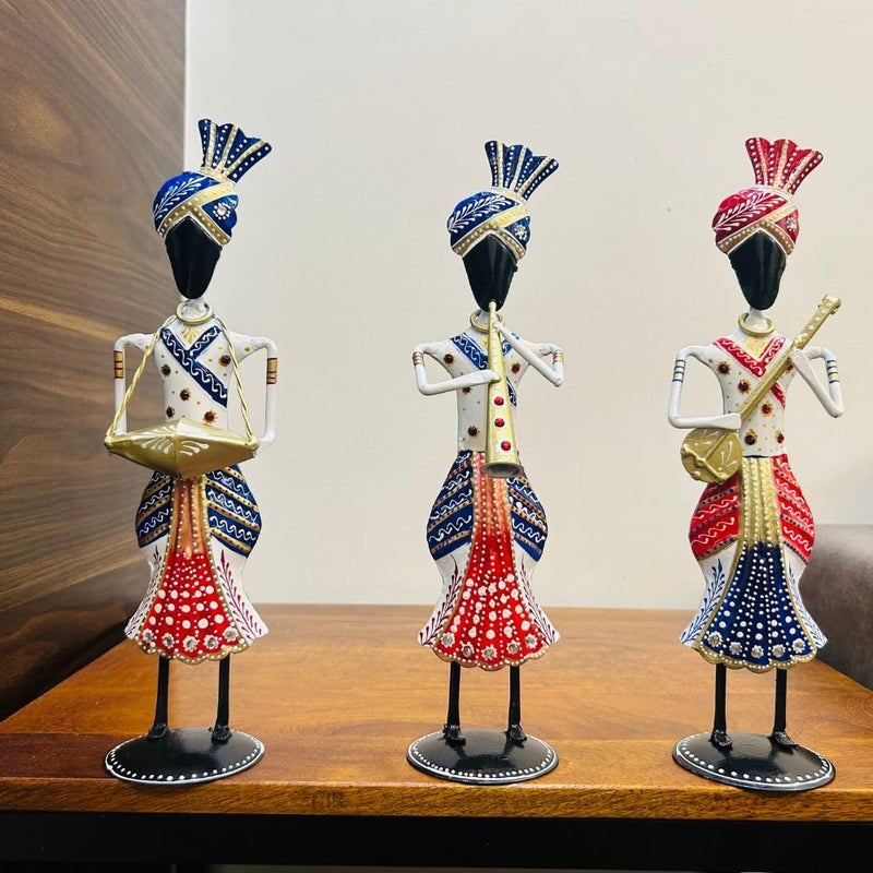 OVIK Set of 3 Metal Rajasthani Sardar Musicians Item showpiece Decorative Items for Home Gift Items Showpieces Home Decor Items Table Decorative Items Each Size 4x13 Inch - Image 1