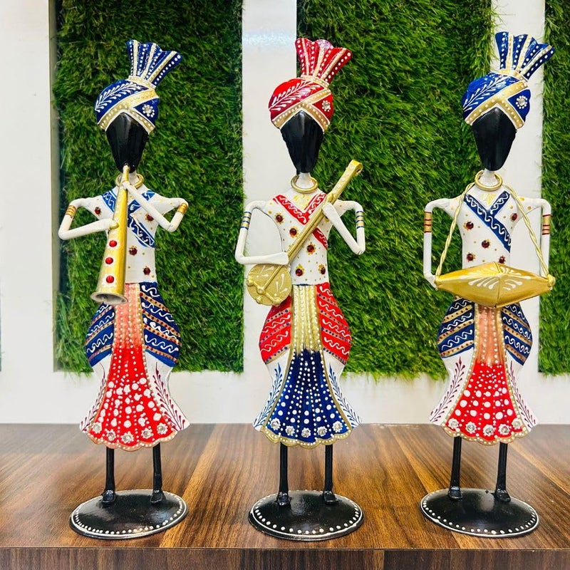 OVIK Set of 3 Metal Rajasthani Sardar Musicians Item showpiece Decorative Items for Home Gift Items Showpieces Home Decor Items Table Decorative Items Each Size 4x13 Inch - Image 3