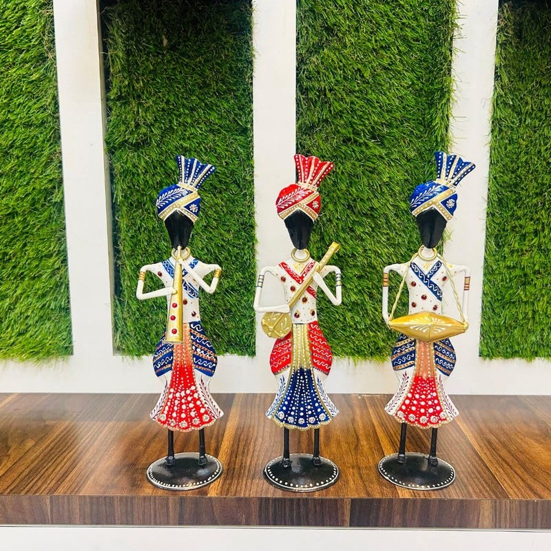 OVIK Set of 3 Metal Rajasthani Sardar Musicians Item showpiece Decorative Items for Home Gift Items Showpieces Home Decor Items Table Decorative Items Each Size 4x13 Inch - Image 4