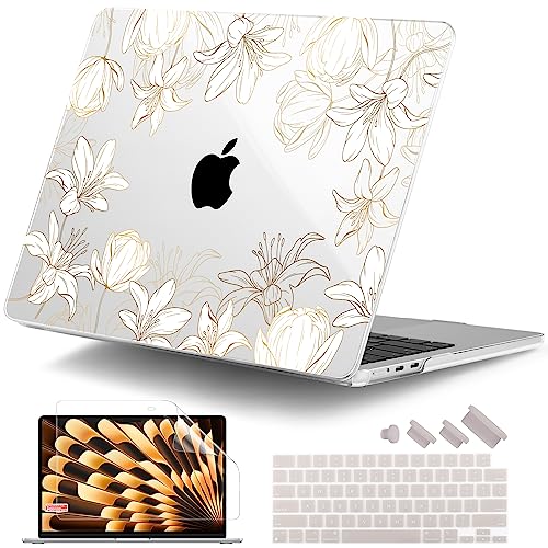 DONGKE for M4 MacBook Air 13.6 Inch Case 2025 2024 2023 2022 Model A3240 A3113 A2681 M3 M2 Chip, Plastic Hard Shell Case Cover with Touch ID for MacBook Air 13 Inch M4 - Golden Floral - Image 1