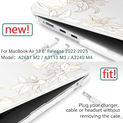 DONGKE for M4 MacBook Air 13.6 Inch Case 2025 2024 2023 2022 Model A3240 A3113 A2681 M3 M2 Chip, Plastic Hard Shell Case Cover with Touch ID for MacBook Air 13 Inch M4 - Golden Floral - Image 2