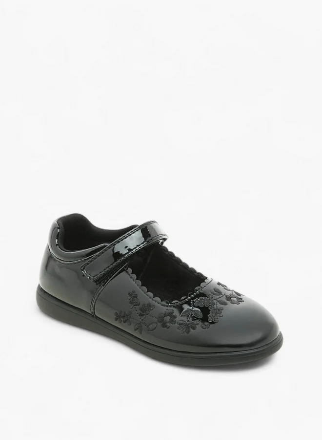 JUNIORS Girls Floral Embroidered School Shoes with Hook and Loop Closure