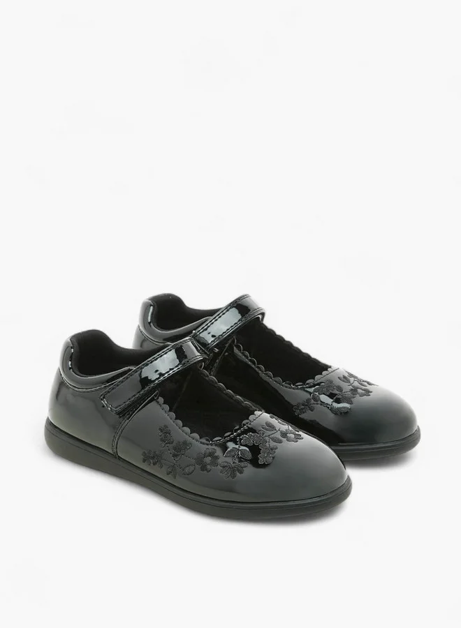 JUNIORS Girls Floral Embroidered School Shoes with Hook and Loop Closure