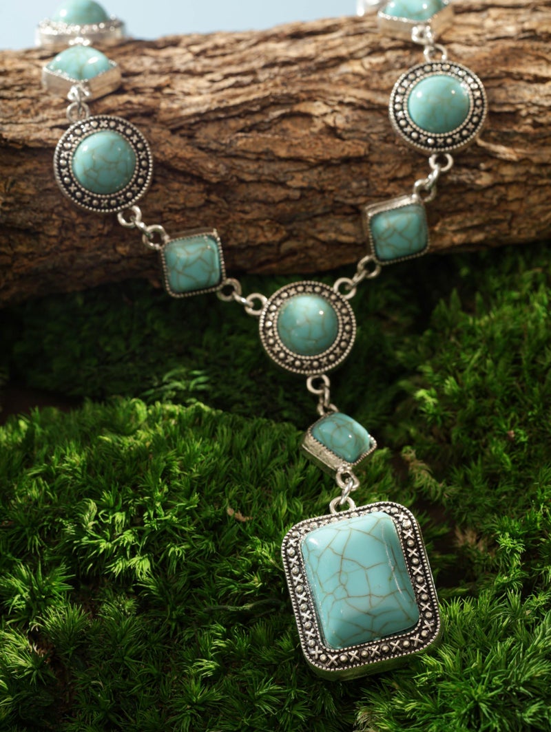 MINACHI Bohemian Created Turquoise Beaded Y-Necklace, Square-shaped Turquoise-Toned Pendant, Dainty Elegant Jewelry for Women - Image 5