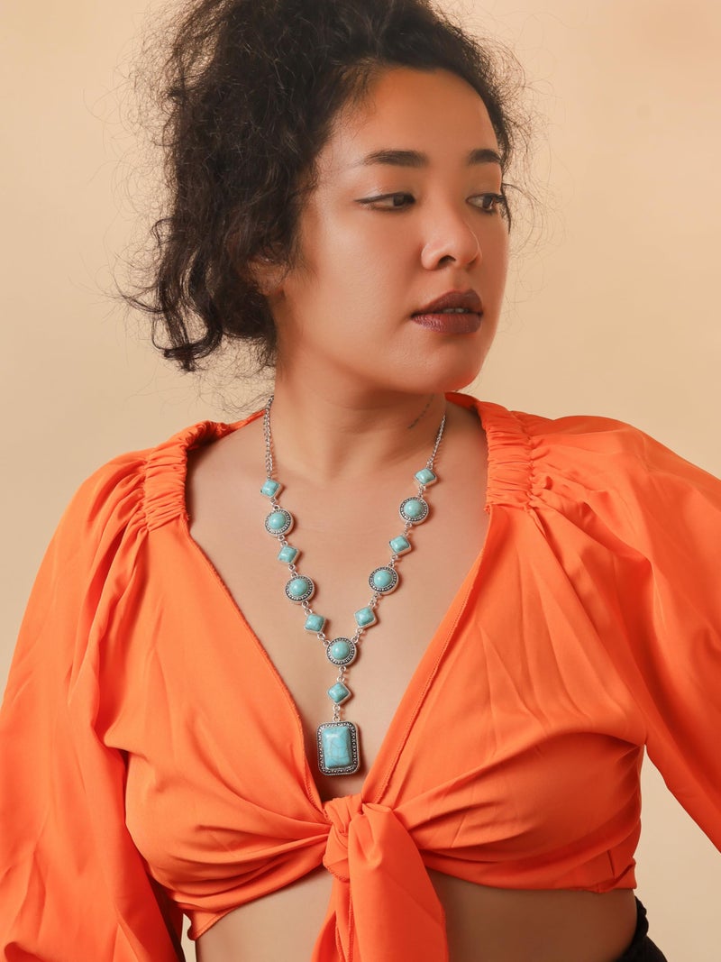 MINACHI Bohemian Created Turquoise Beaded Y-Necklace, Square-shaped Turquoise-Toned Pendant, Dainty Elegant Jewelry for Women - Image 2