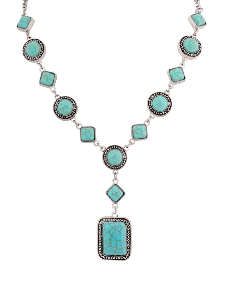 MINACHI Bohemian Created Turquoise Beaded Y-Necklace, Square-shaped Turquoise-Toned Pendant, Dainty Elegant Jewelry for Women - Image 1