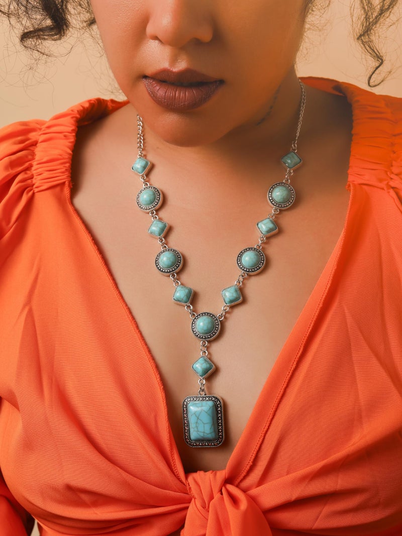 MINACHI Bohemian Created Turquoise Beaded Y-Necklace, Square-shaped Turquoise-Toned Pendant, Dainty Elegant Jewelry for Women - Image 3