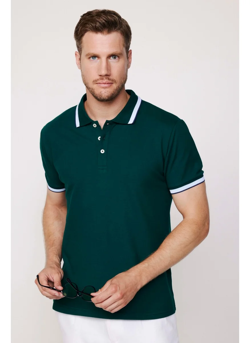 Tudors Men's Polo Neck Slim Fit Green Pique T-Shirt with Collar and Sleeve Stripes