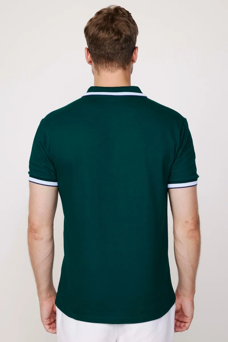 تودورس Men's Polo Neck Slim Fit Green Pique T-Shirt with Collar and Sleeve Stripes