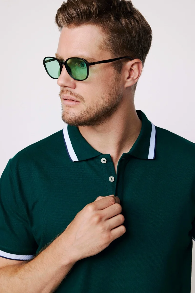 تودورس Men's Polo Neck Slim Fit Green Pique T-Shirt with Collar and Sleeve Stripes
