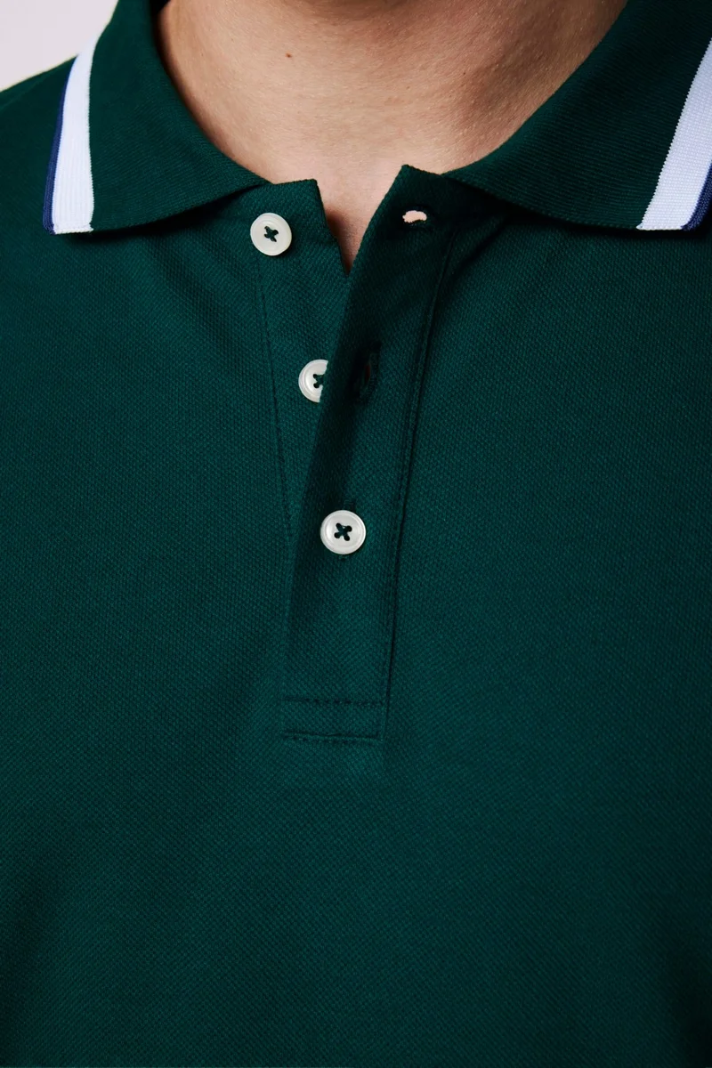 تودورس Men's Polo Neck Slim Fit Green Pique T-Shirt with Collar and Sleeve Stripes